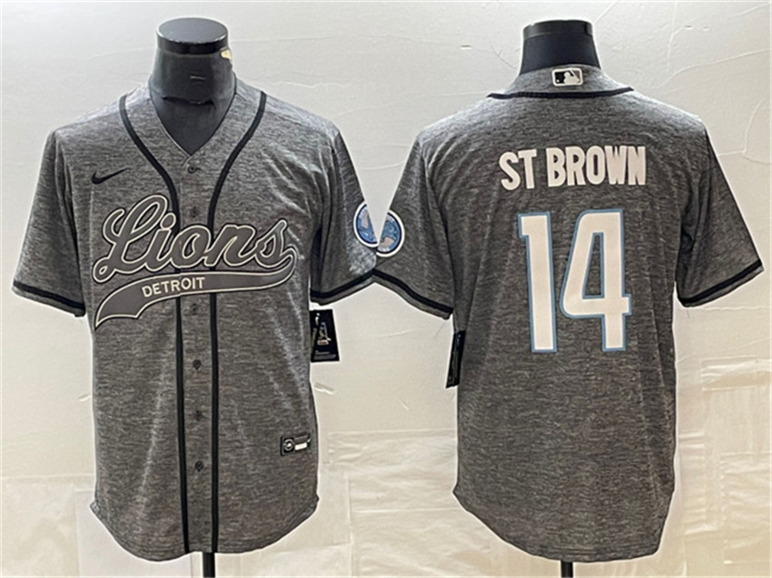 Men's Grey Detroit Lions #14 Amon-Ra St. Brown Cool Base Stitched Baseball Jersey